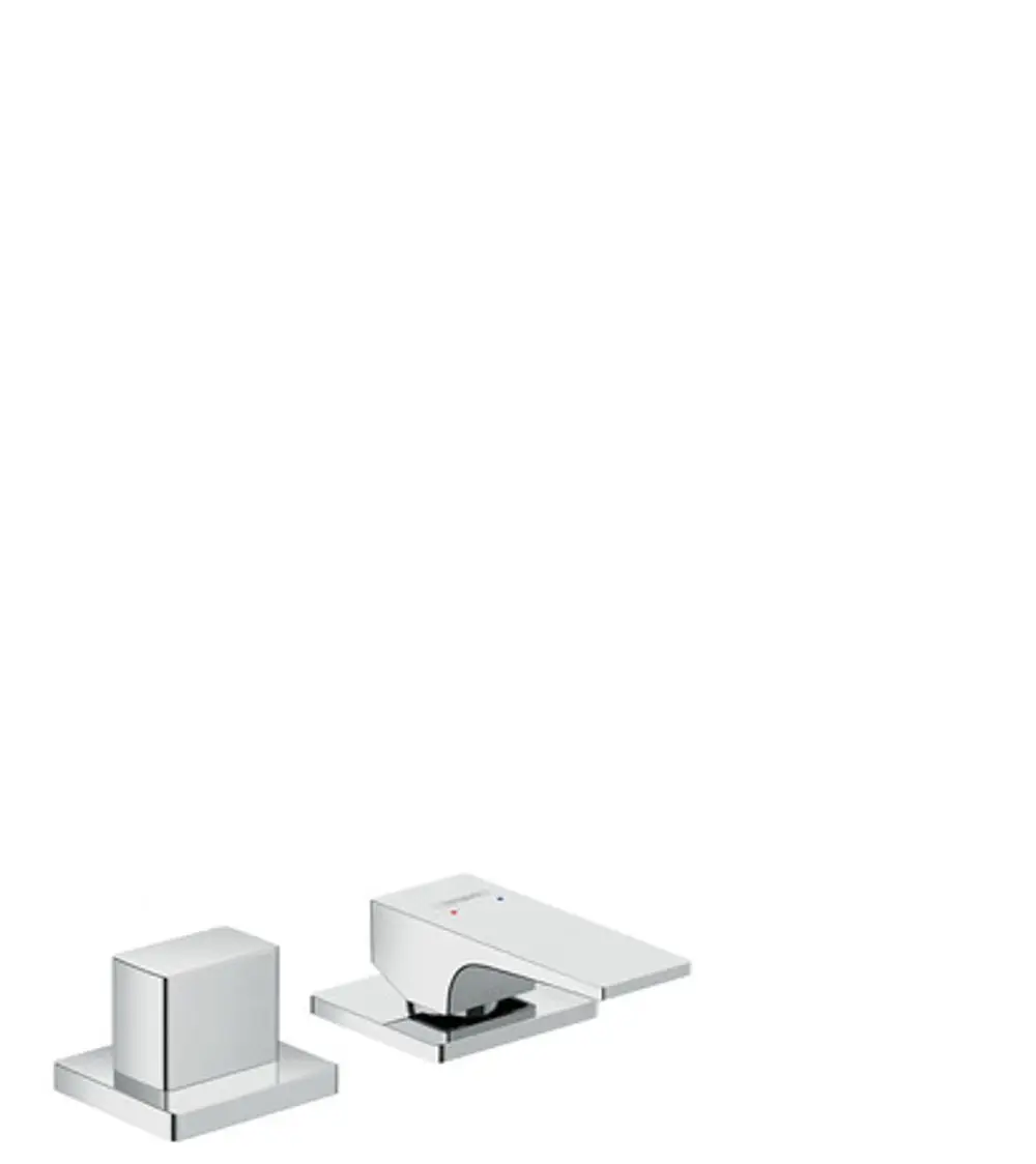 Hansgrohe Mischbatterie mit zwei Bedienelementen in Chrom, bestehend aus einem Quadrat-Hebelgriff und einer ausgeformten Wannenrandplatte.